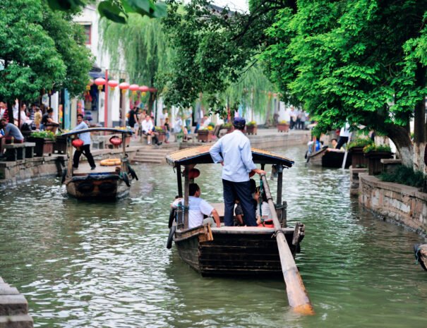 Shanghai Zhujiajiao town with boat and historic buildings